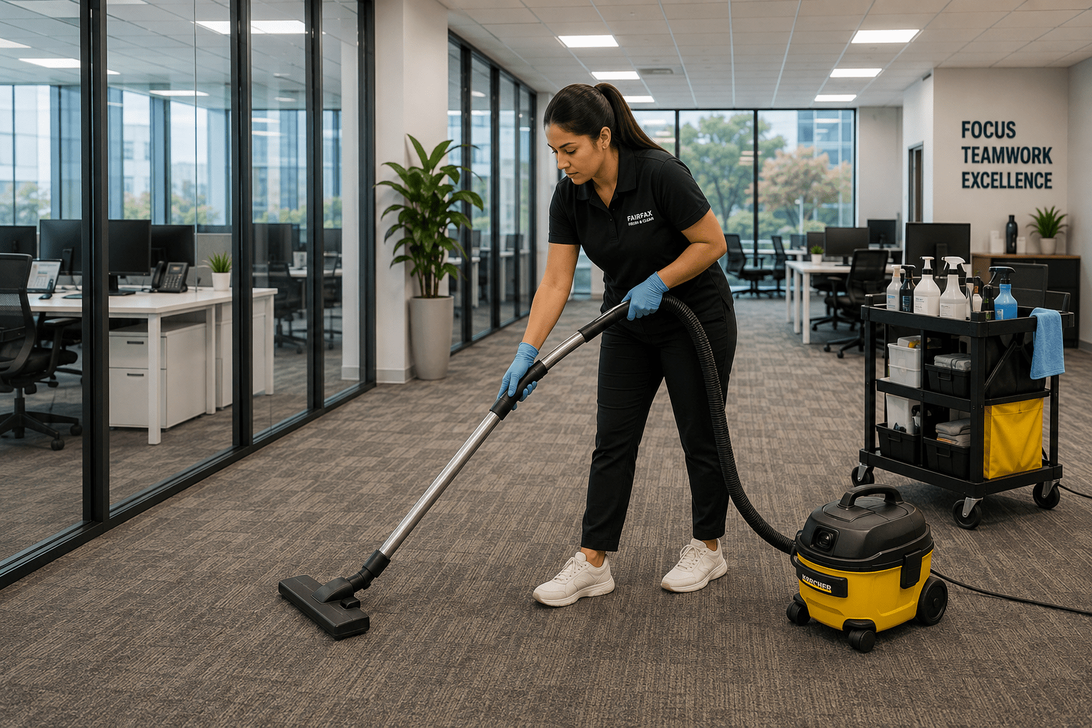 Cleaner actively working in a professional office or commercial space