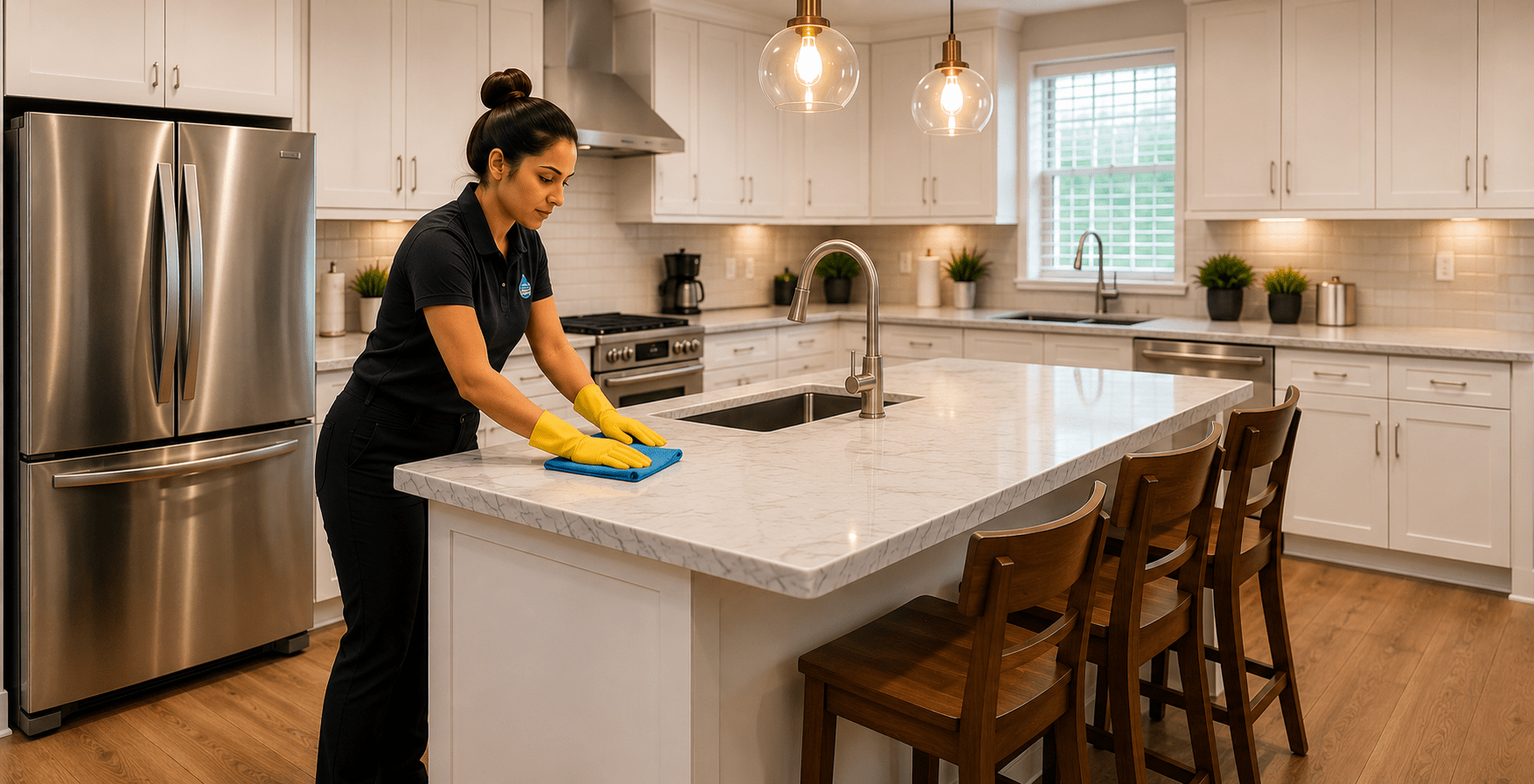 Cleaner working in a bright residential kitchen
